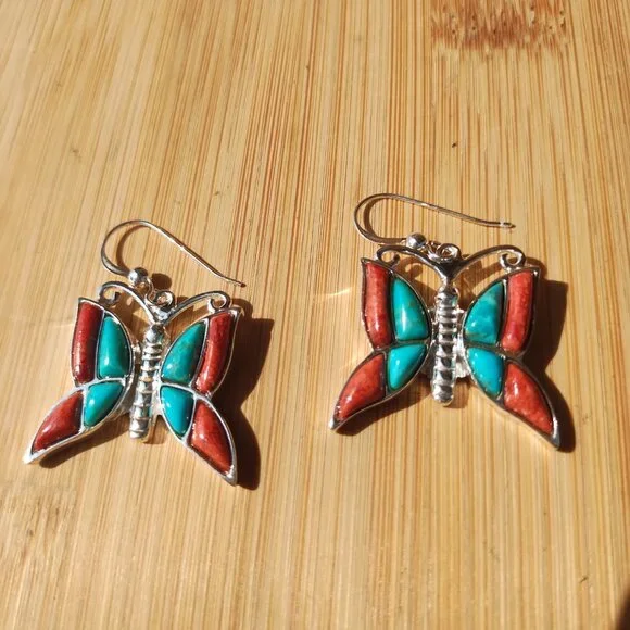 Jay King DTR Butterfly Turquoise coral earrings 925 Sterling Silver  Very cute - Picture 10 of 10